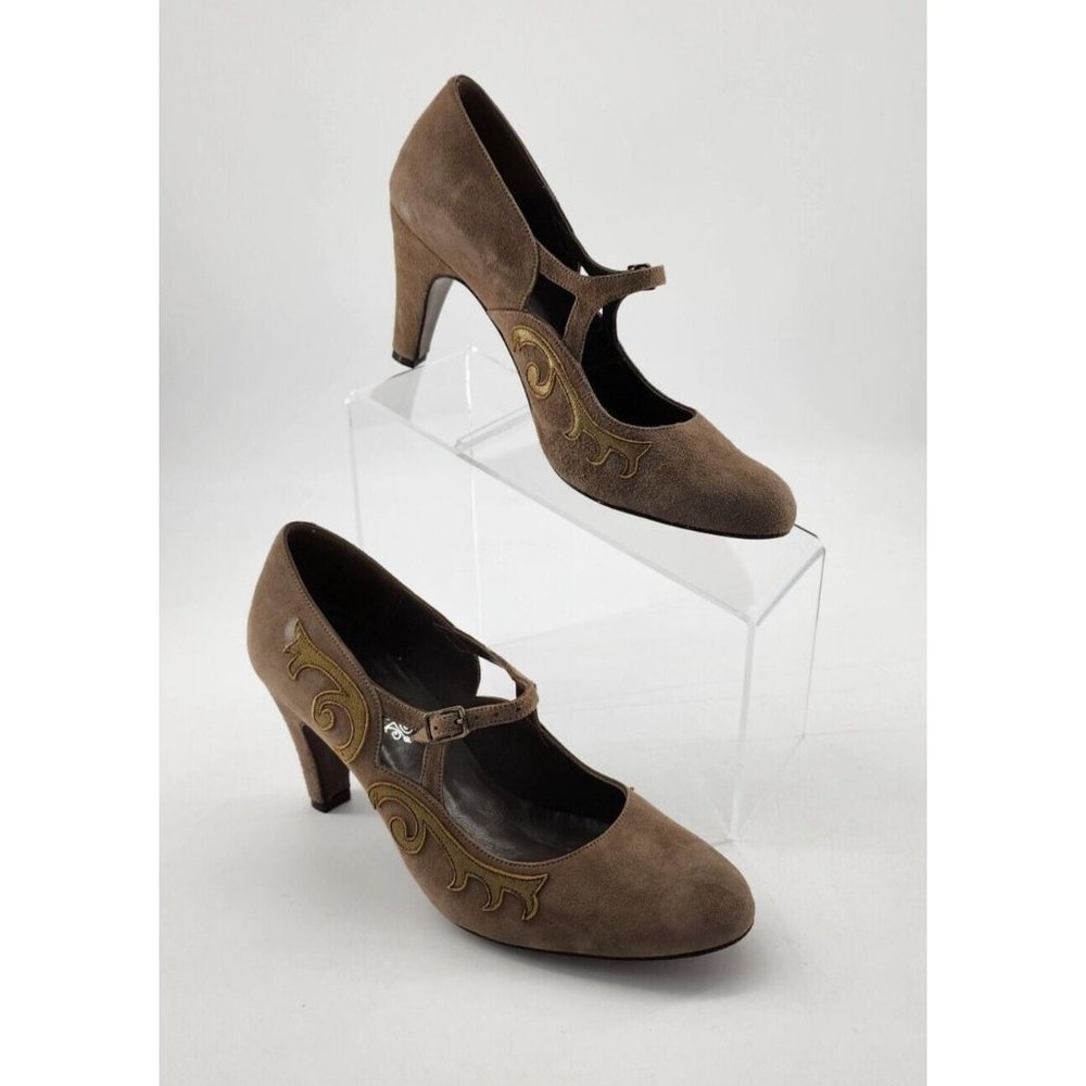 Lulu Guinness Women's Leather Slip On Mary Jane Pump Heels Tan Suede EUR 38 US 7